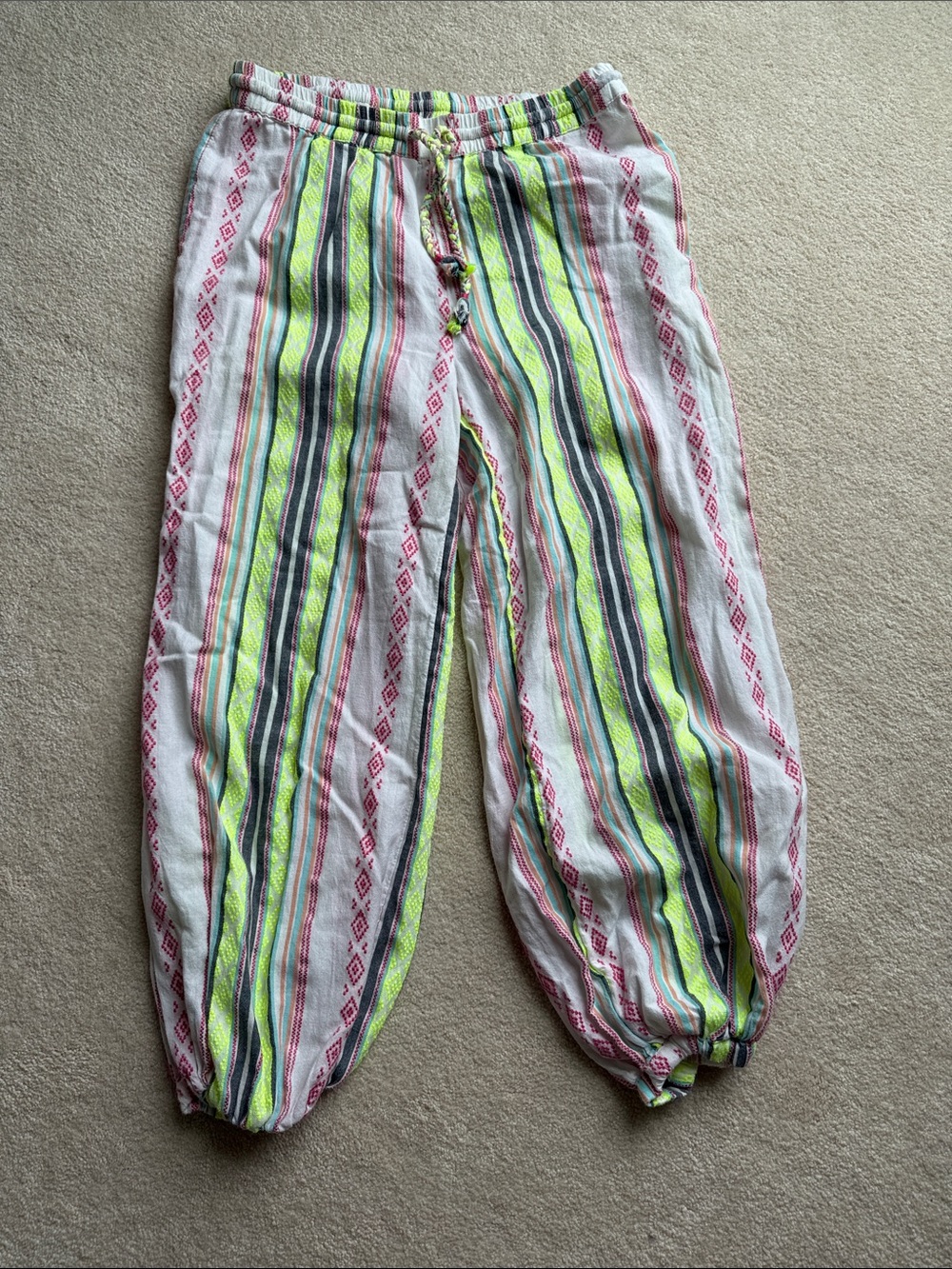 Anthropologie Neon Yellow, Pink & Gray Striped Jogger Pants